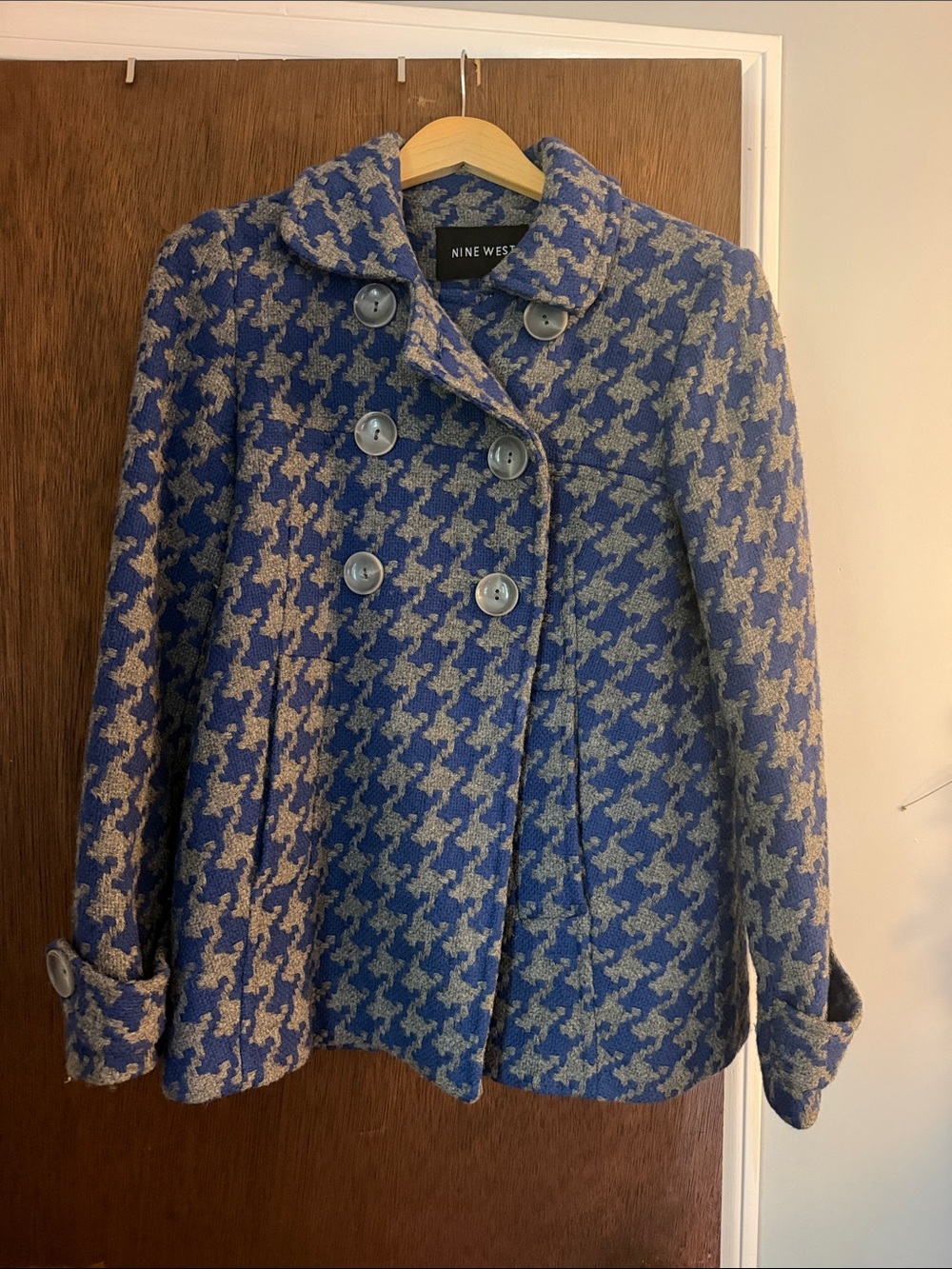 Nine West Blue and Gray Houndstooth Double-Breasted Peacoat